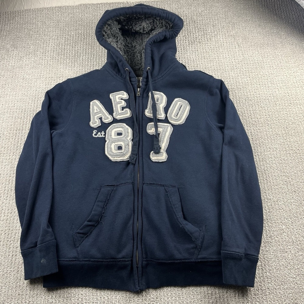 Y2K Aeropostale Hoodie Sweatshirt Mens Medium Navy Zip Up Sherpa Lined Grunge